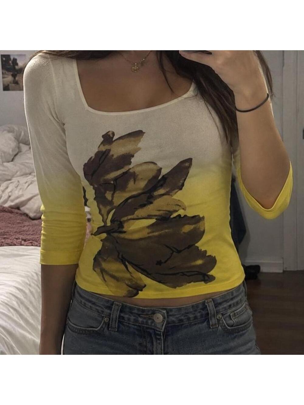 Cache Y2K Yellow Ombré Floral 3/4 Sleeve Top